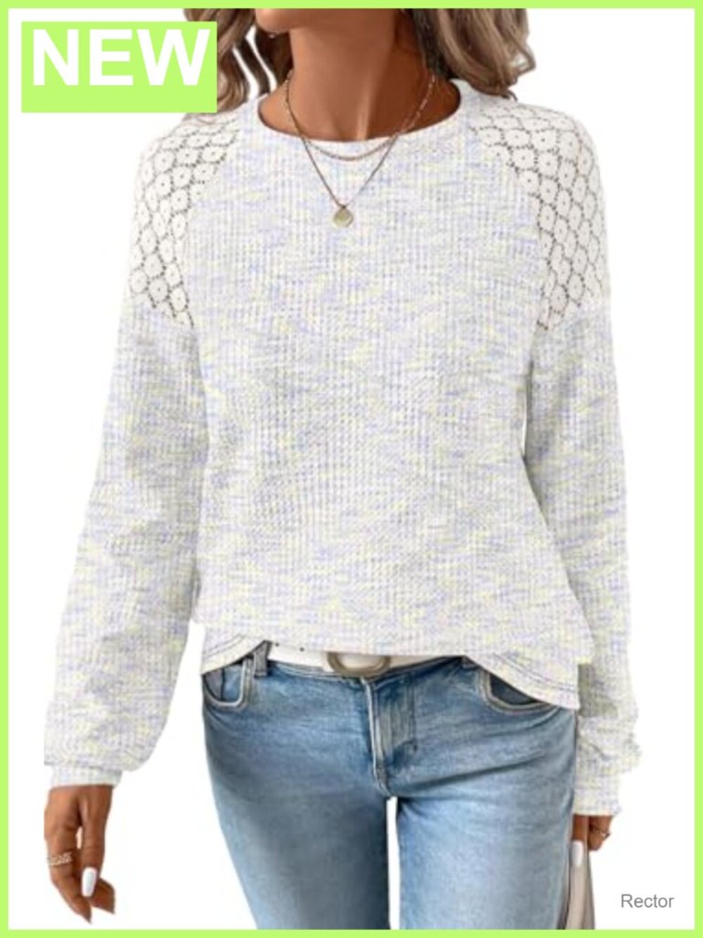 Waffle Knit Lace Cutout Long Sleeve Blouse Loose Fit Round Neck Top